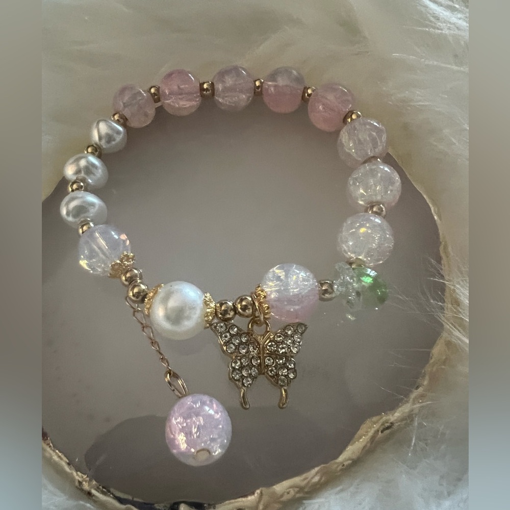 White and Light Pink Glass Bead Bracelet w/Butterfly and Bead Charms